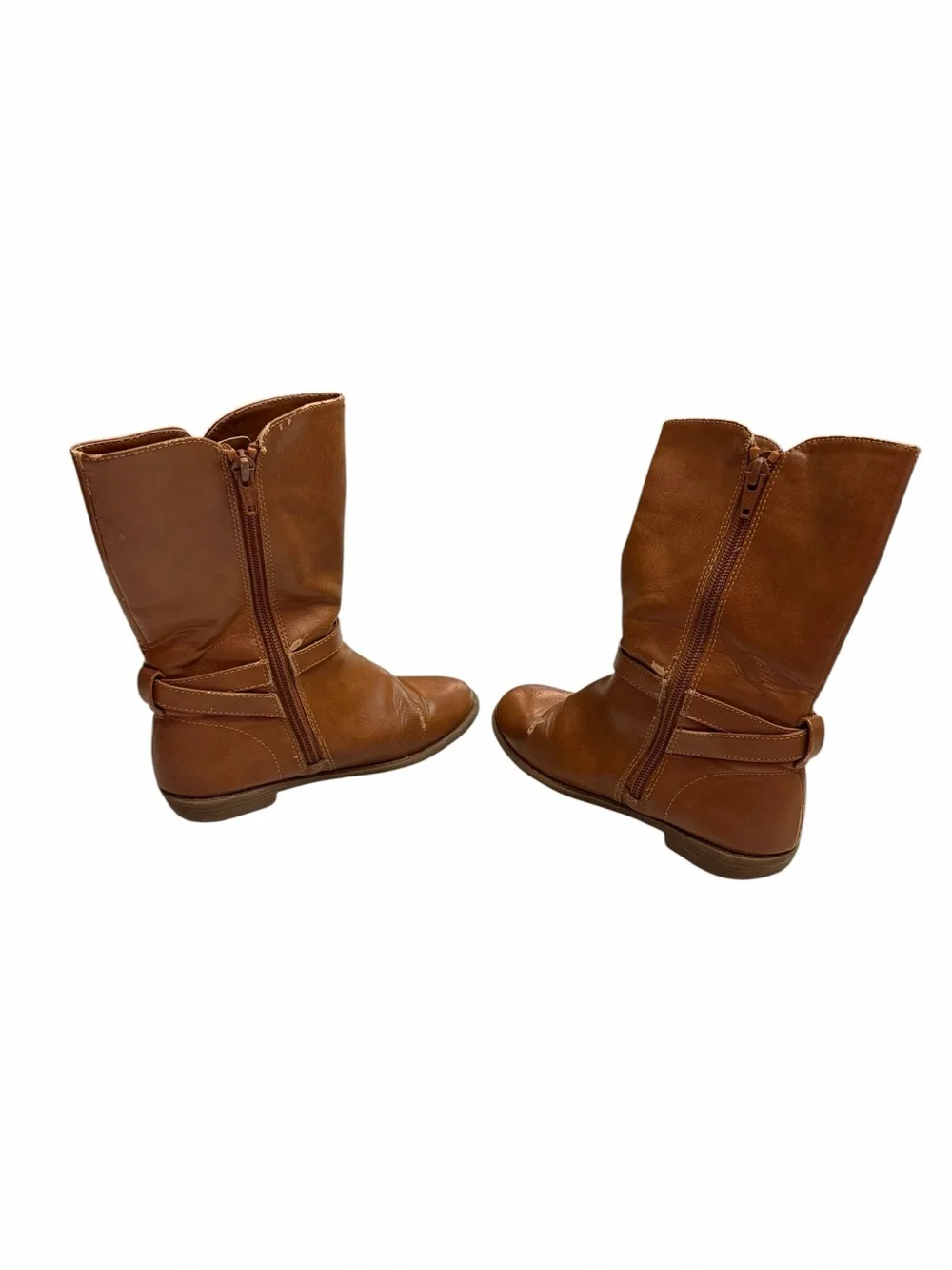 Kids Brown Mid-Calf Leather Boots with Buckle Detail